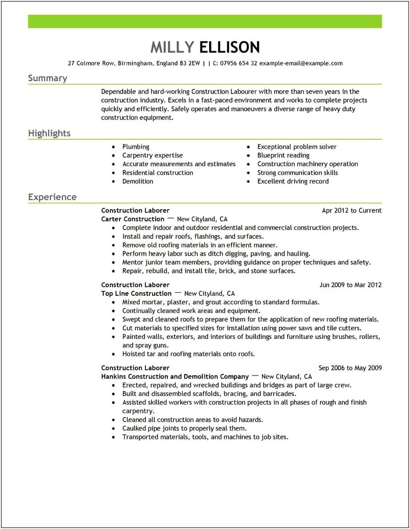 Sample Resume Format For Skilled Worker