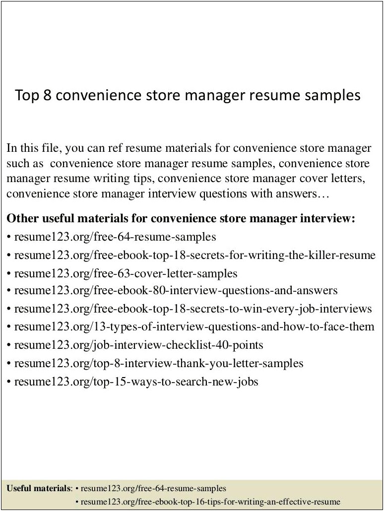 Sample Resume Gas Station Convenience Store Manager