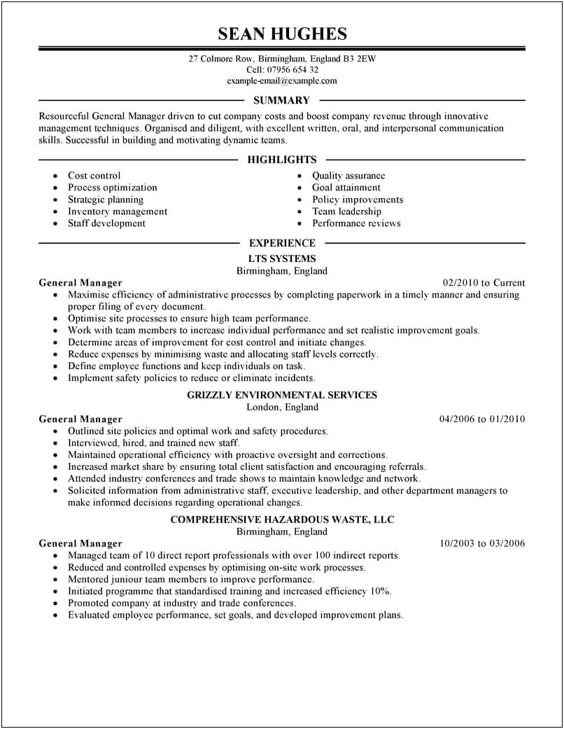 Sample Resume General Manager Construction Company