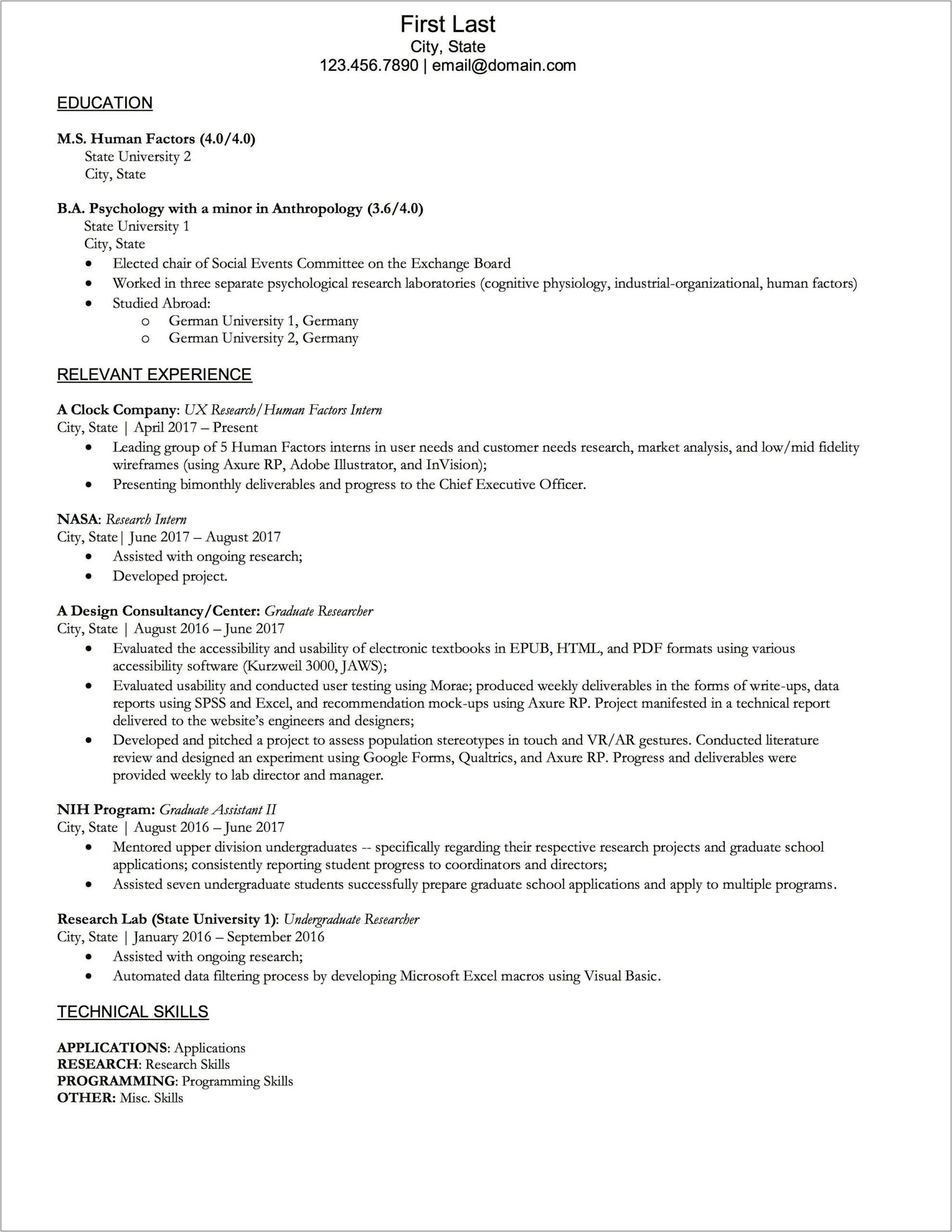Sample Resume Graduate School Application Psychology
