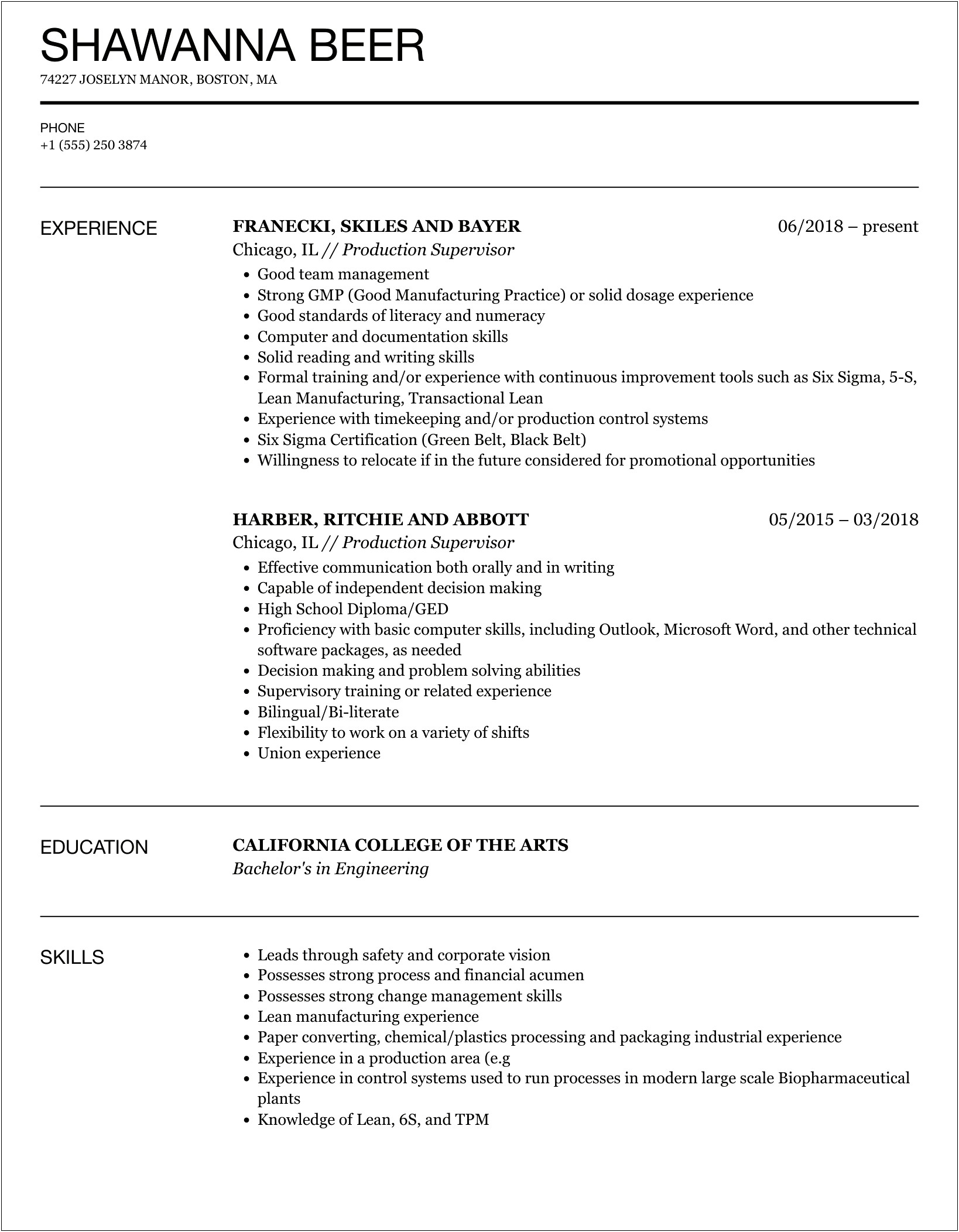 Sample Resume In Pharmaceutical Production Supervisor