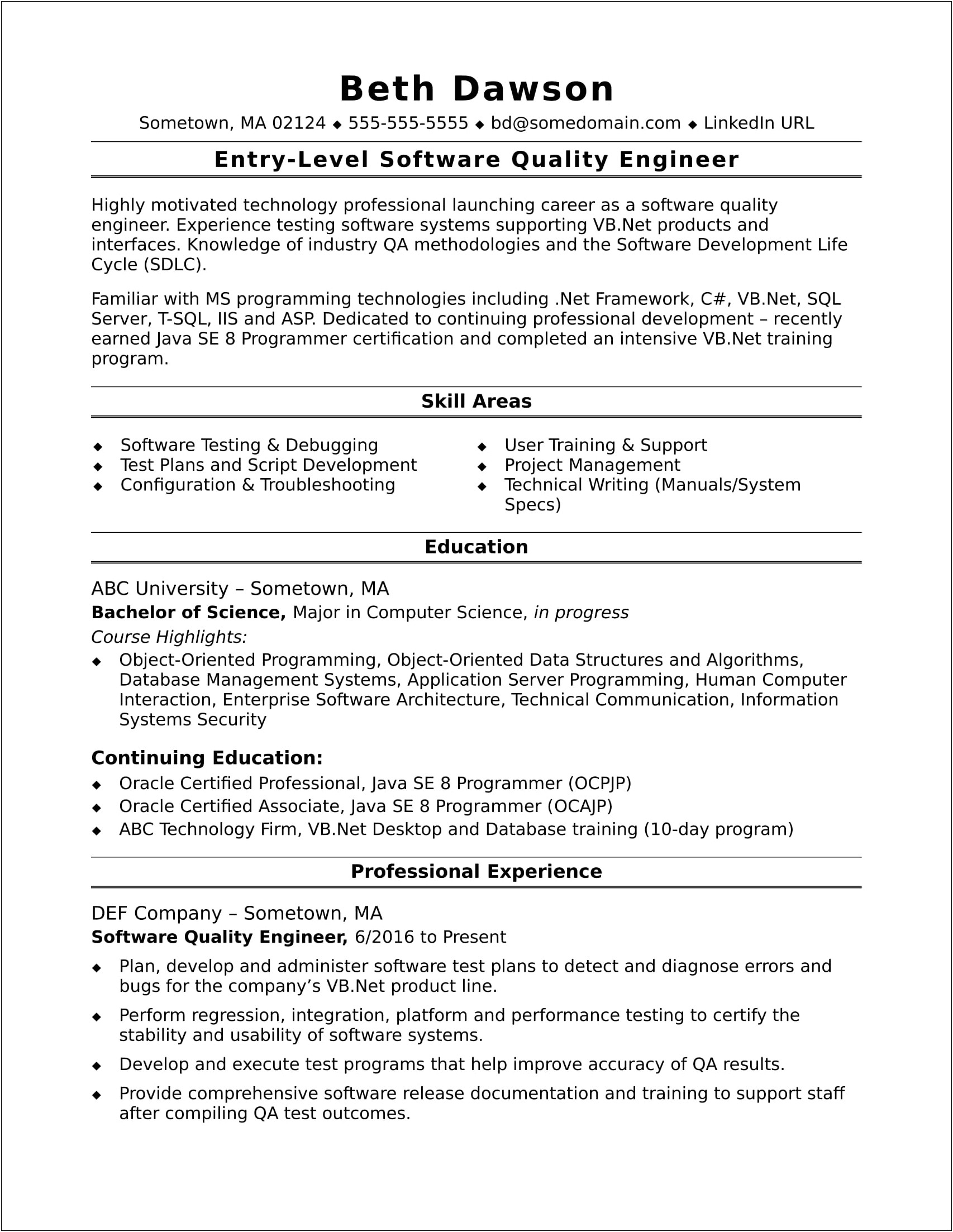 Sample Resume Information Technology Entry Level