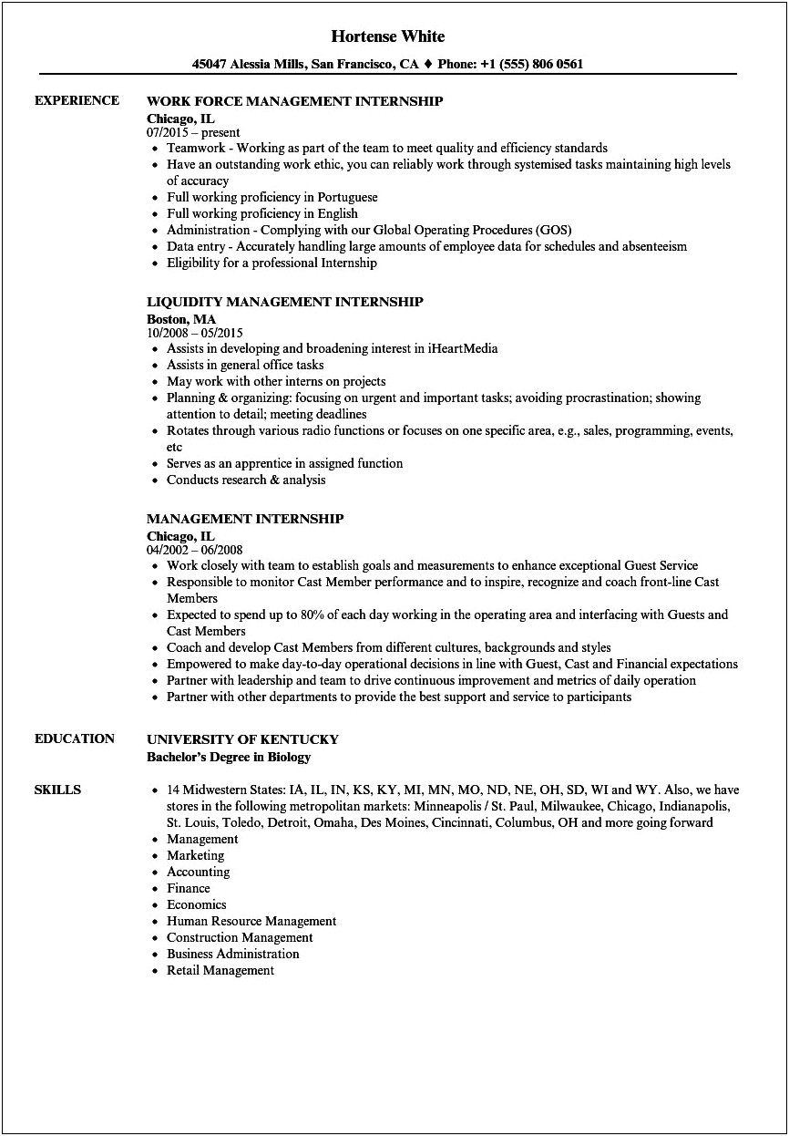 Sample Resume Intern Business Admin Jobs