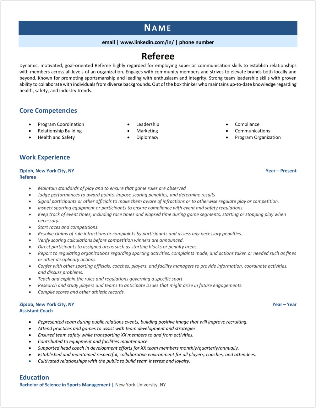 Sample Resume Job Description For Soccer Refere