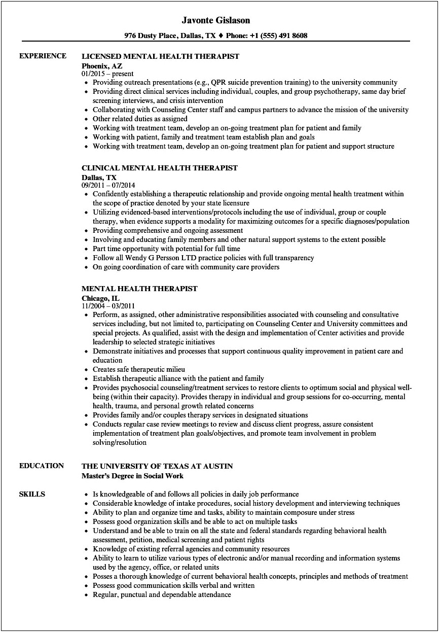 Sample Resume Mental Health Counselor Intern