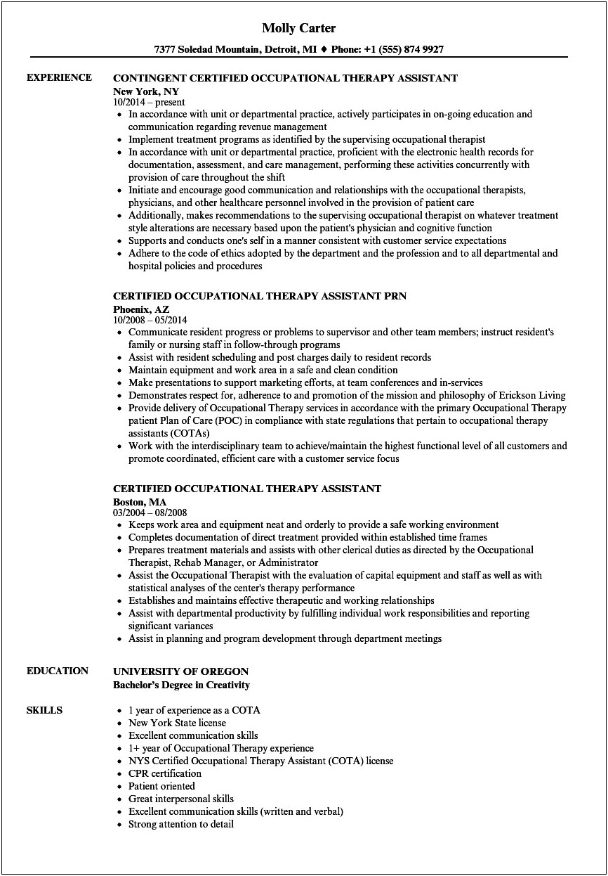 Sample Resume New Graduate Occupational Therapy