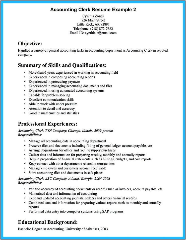 Sample Resume Objective For Accounting Clerk