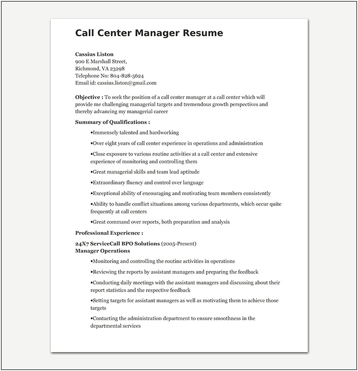 Sample Resume Objective For Call Center Team Leader