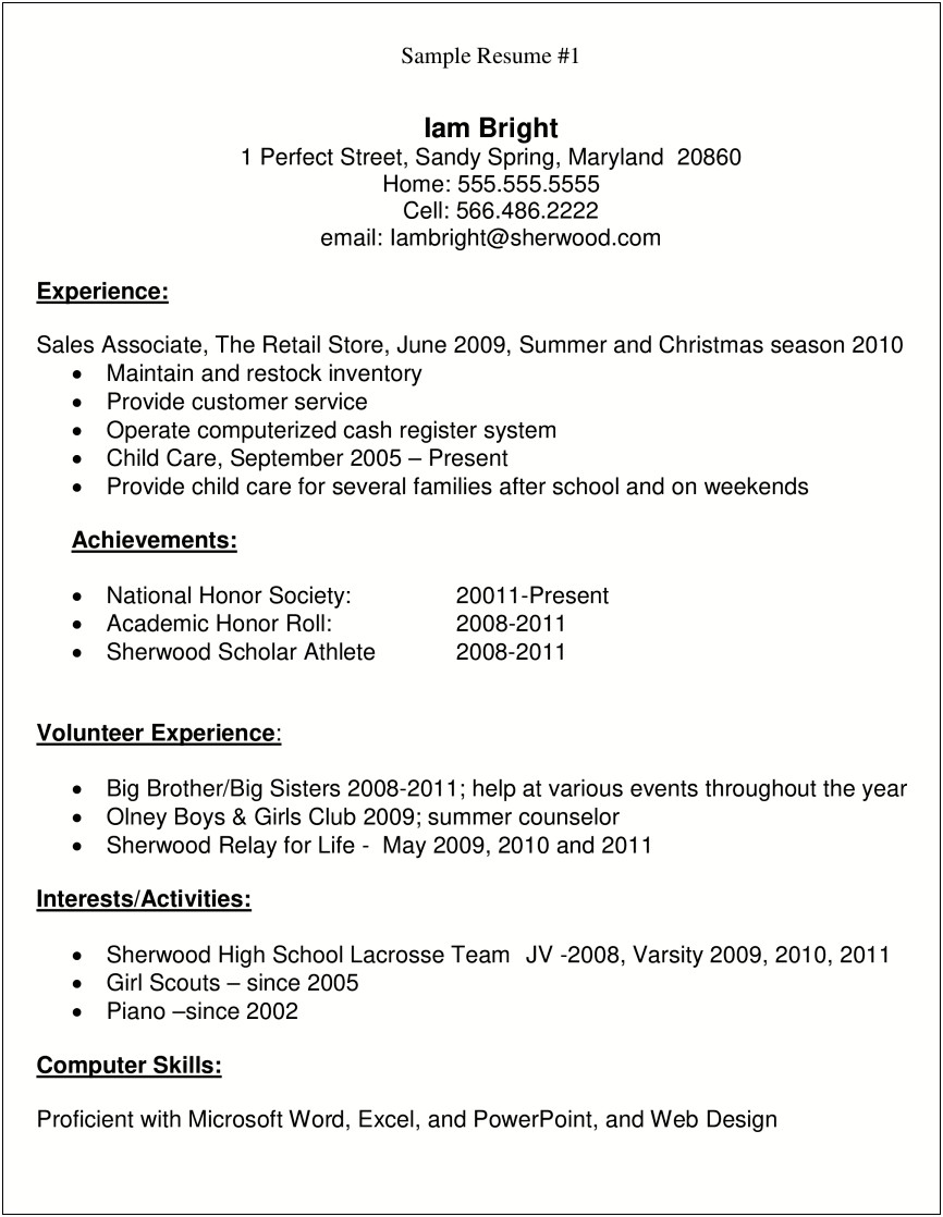 Sample Resume Objective For High School Summer Job