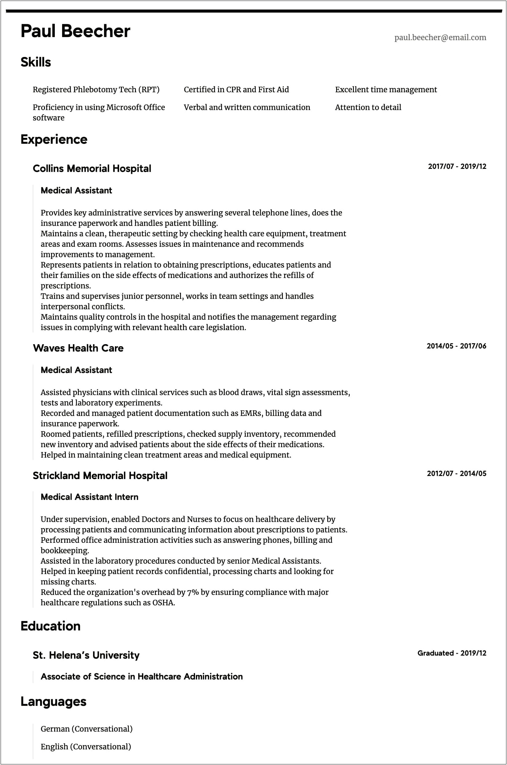 Sample Resume Objective For Medical Field