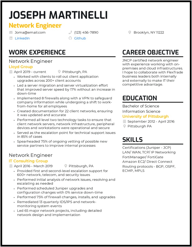 Sample Resume Objective For Network Engineer