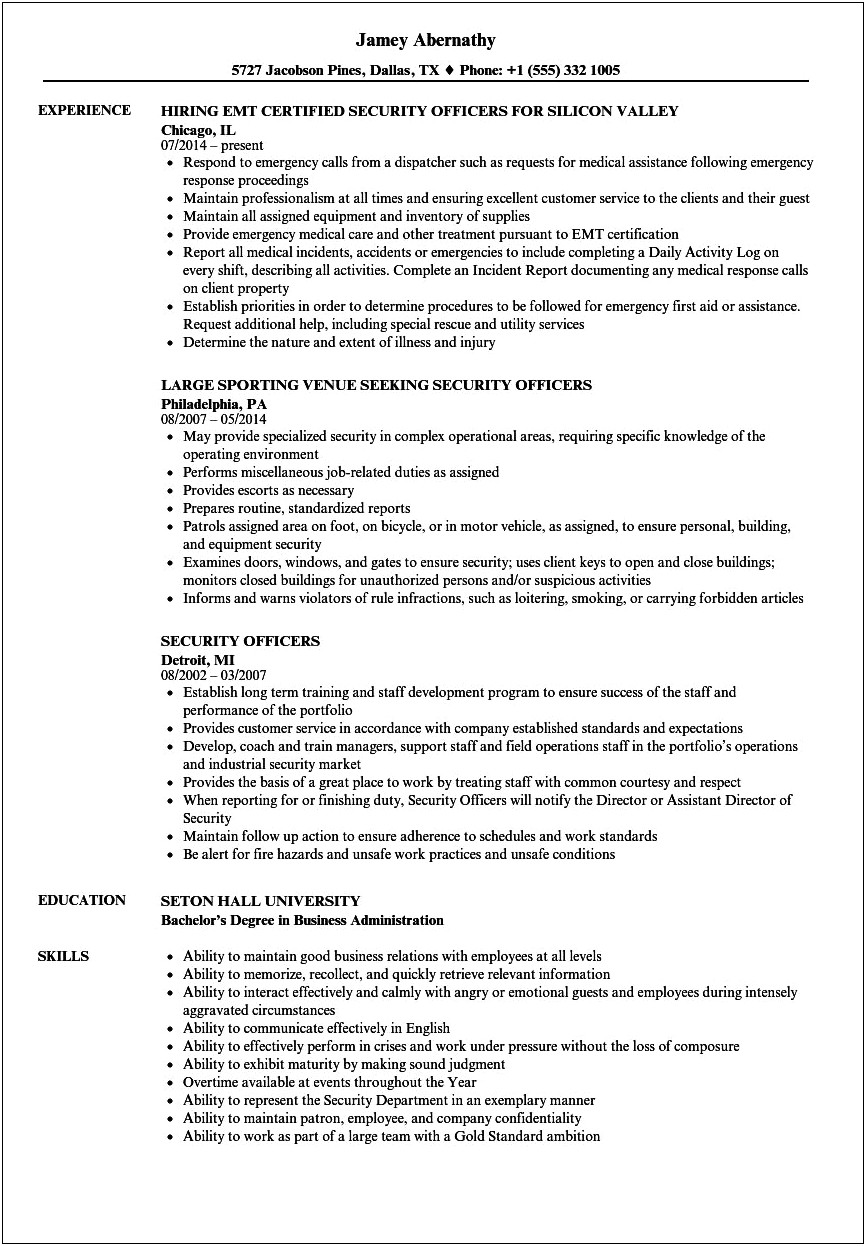Sample Resume Objective For Security Guard