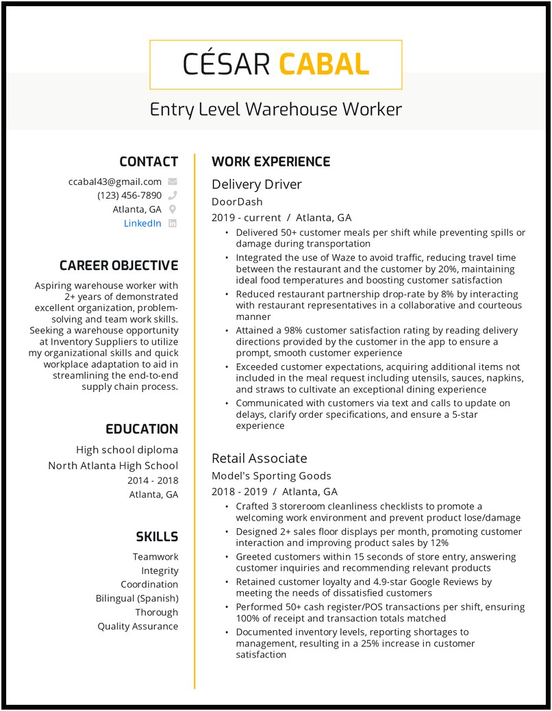 Sample Resume Objective For Warehouse Worker