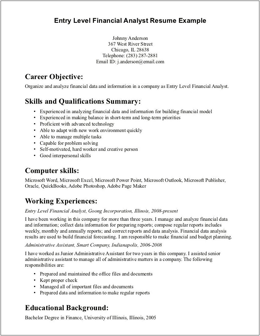 Sample Resume Objective Statements Entry Level