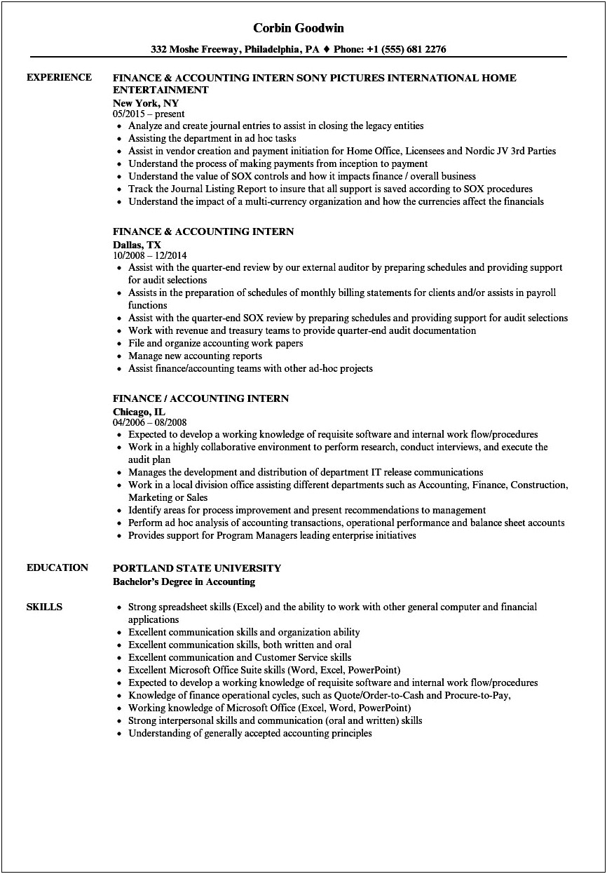 Sample Resume Objective Statements For Internship