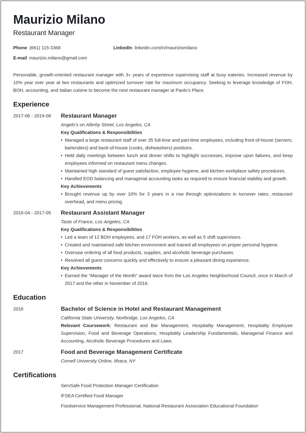 Sample Resume Objectives For Restaurant Management