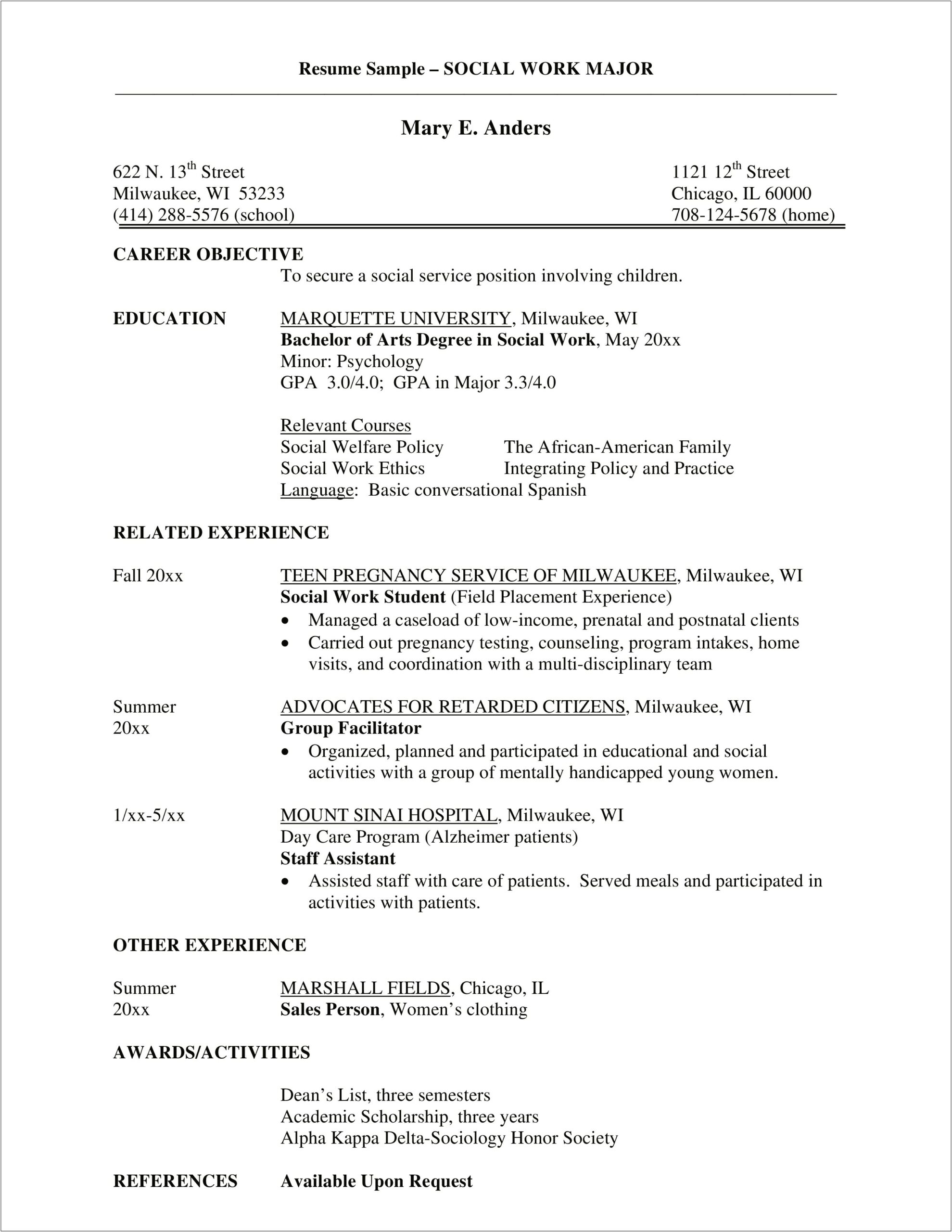 Sample Resume Objectives For Social Services