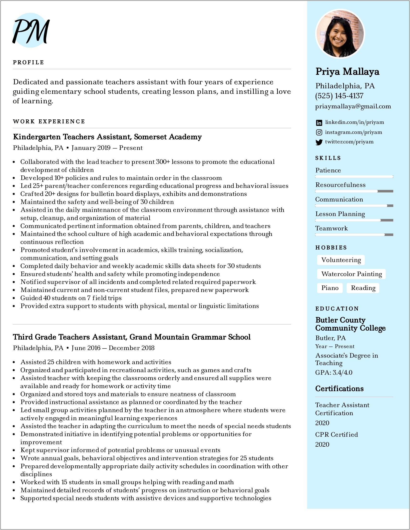 Sample Resume Objectives For Teacher Assistant