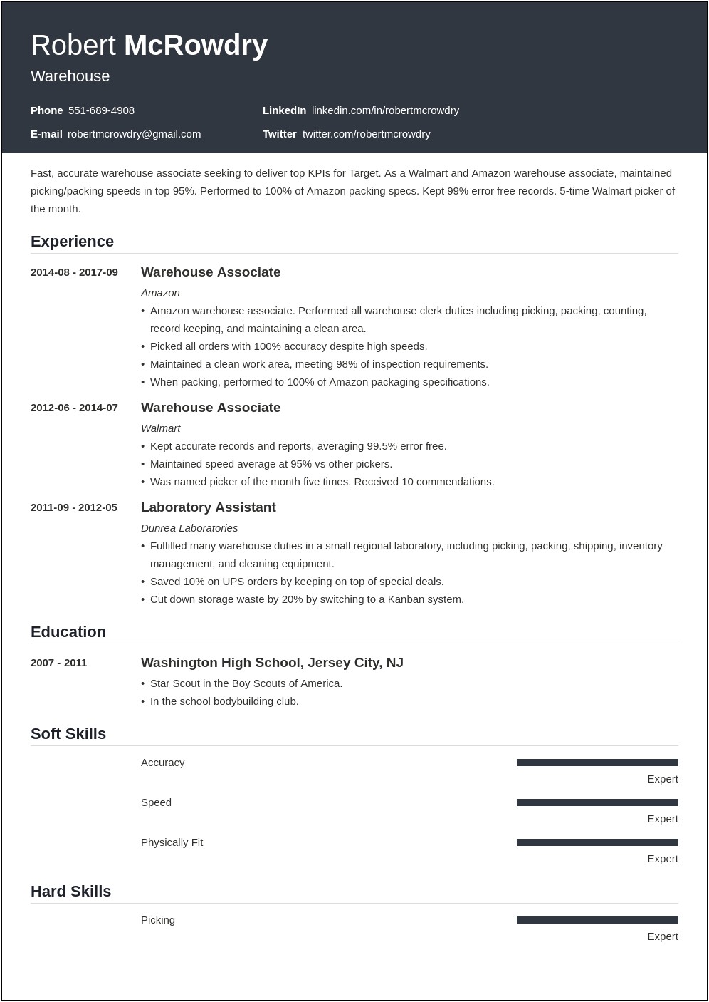 Sample Resume Objectives For Warehouse Position