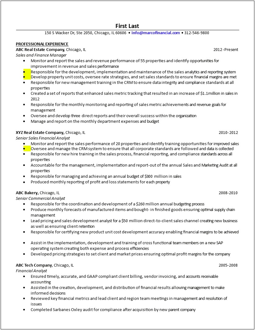 Sample Resume Of A Finance Manager