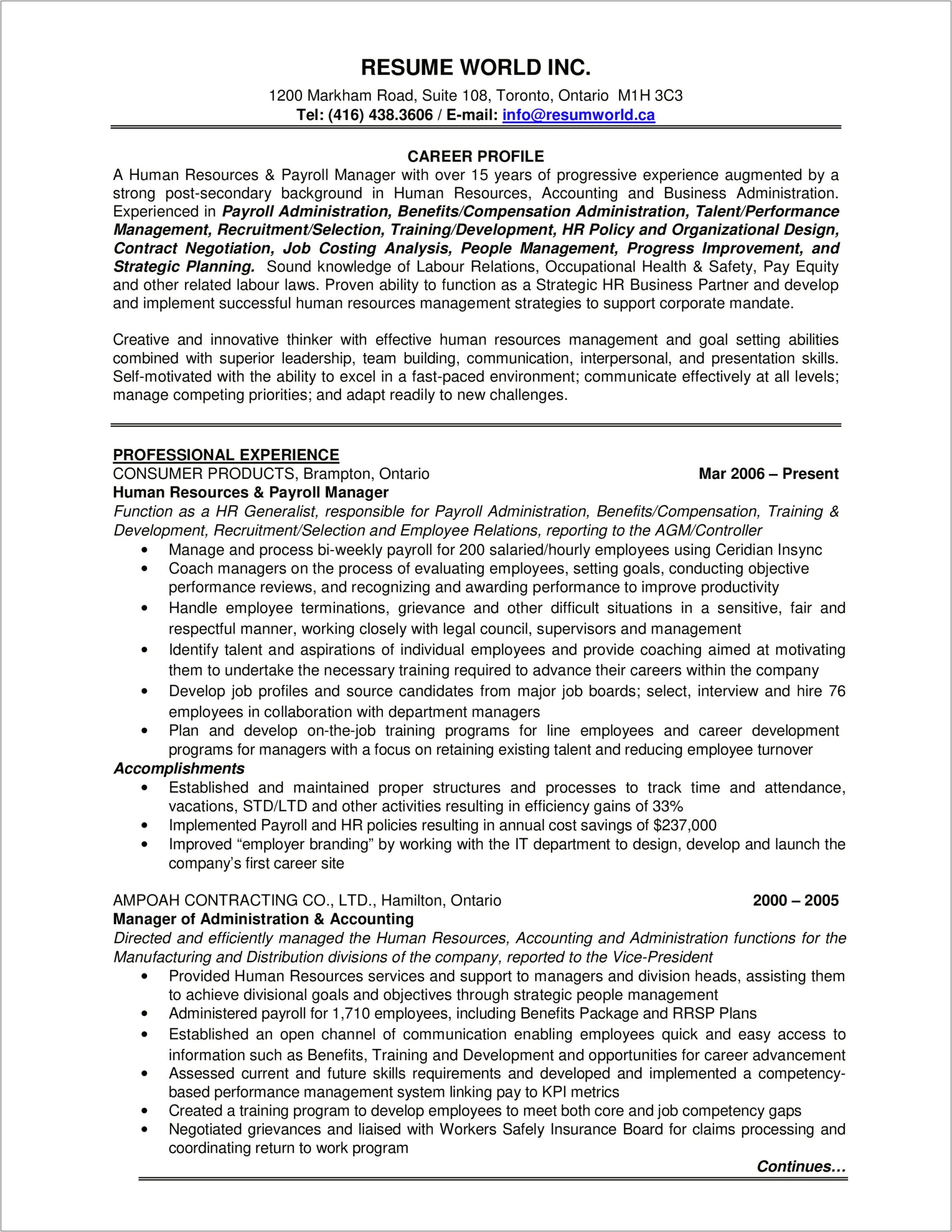 Sample Resume Of A Hr Executive