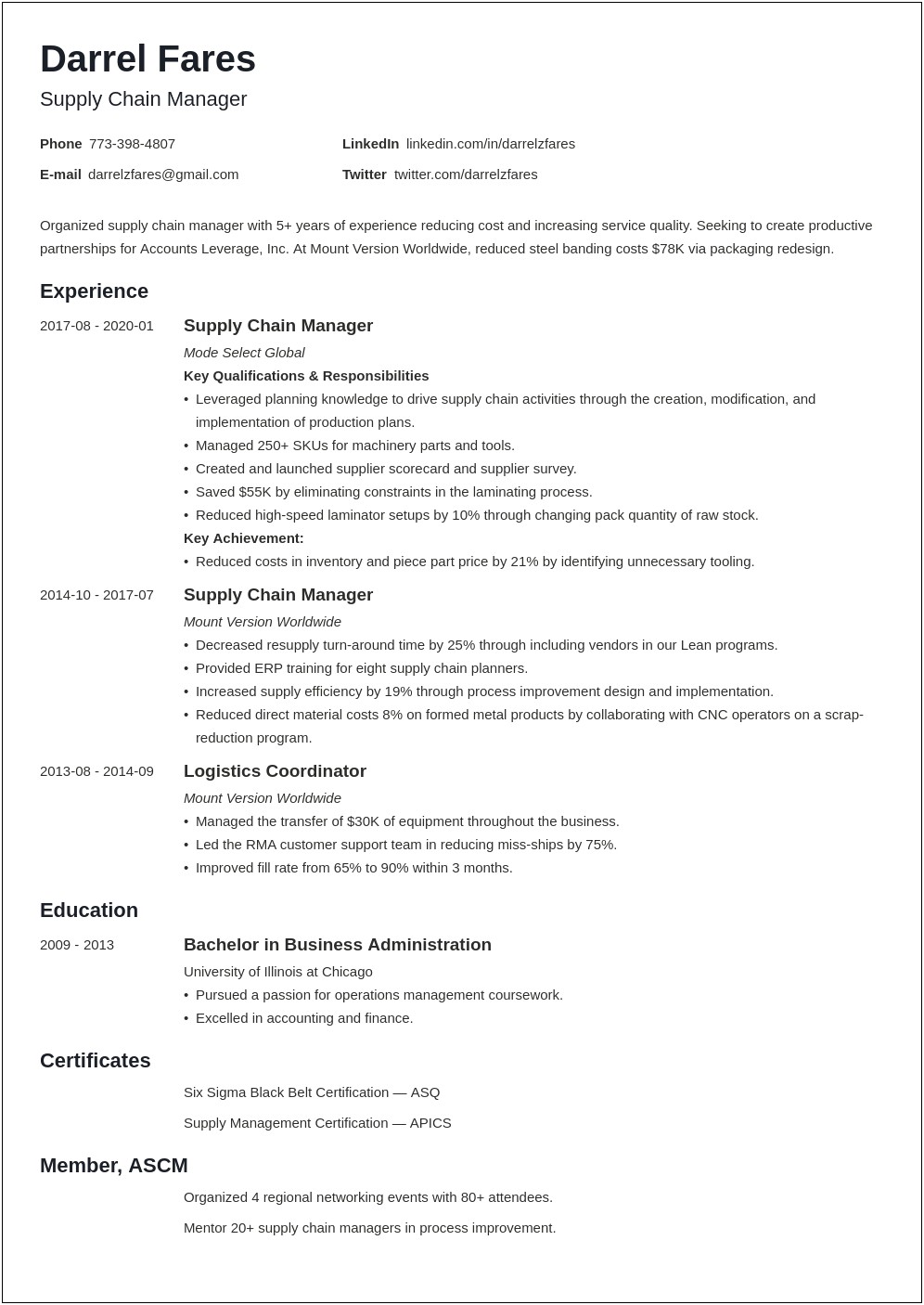 Sample Resume Of A Logistics Manager