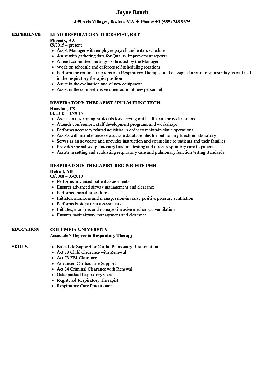 Sample Resume Of A Respiratory Therapist