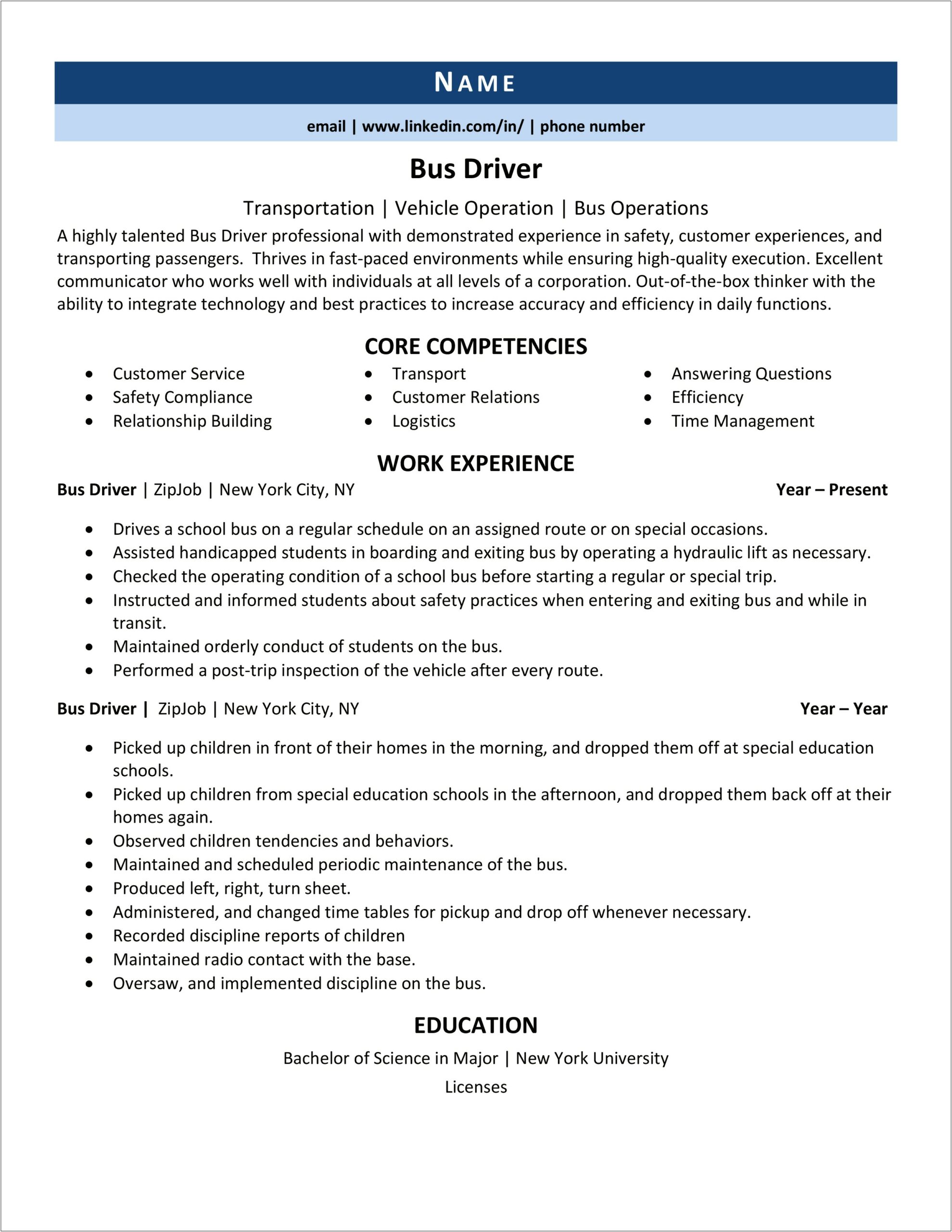 Sample Resume Of A Transit Operator