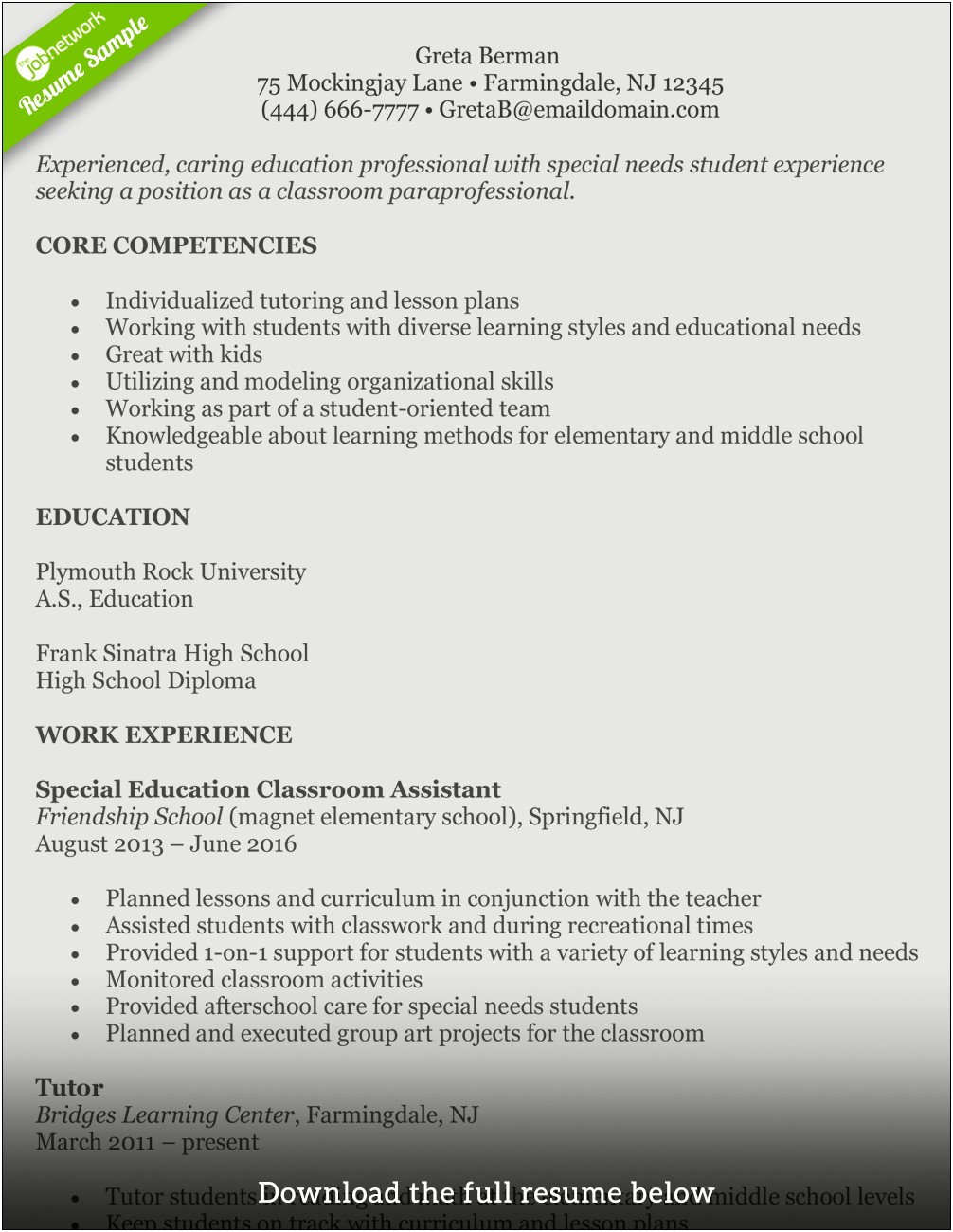 Sample Resume Of An Elementary Teacher