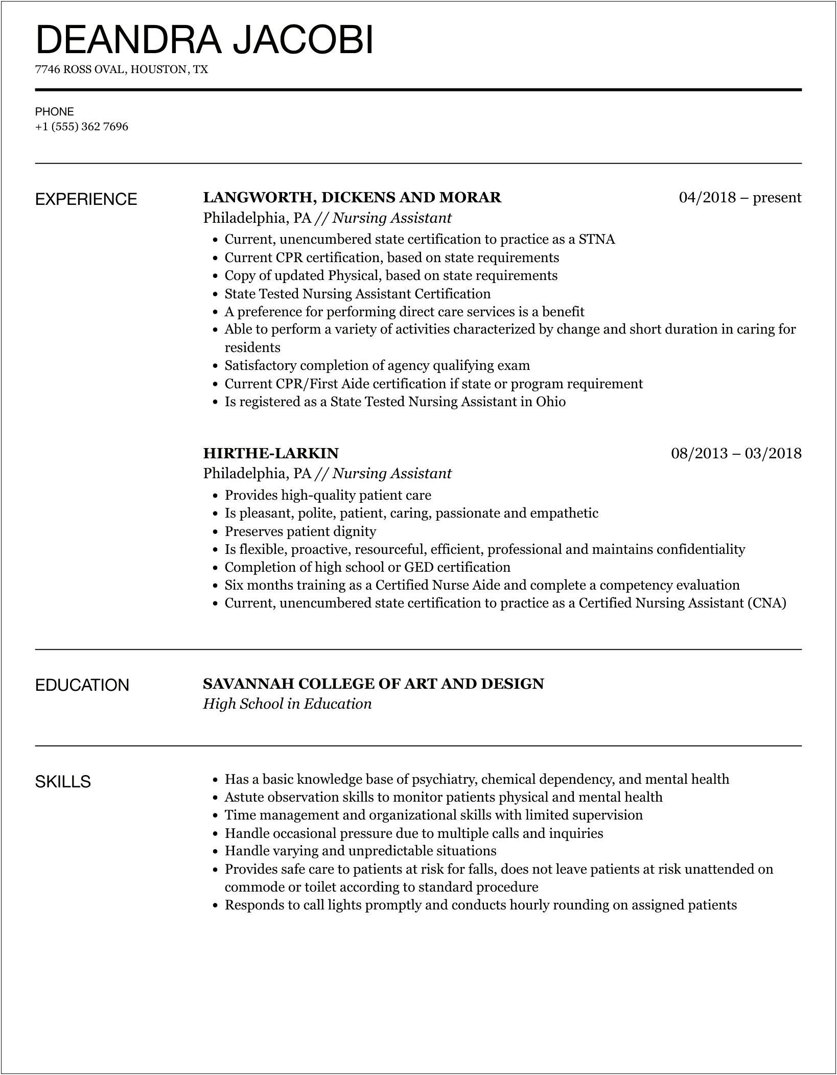 Sample Resume Of Assistant In Nursing Aged Care