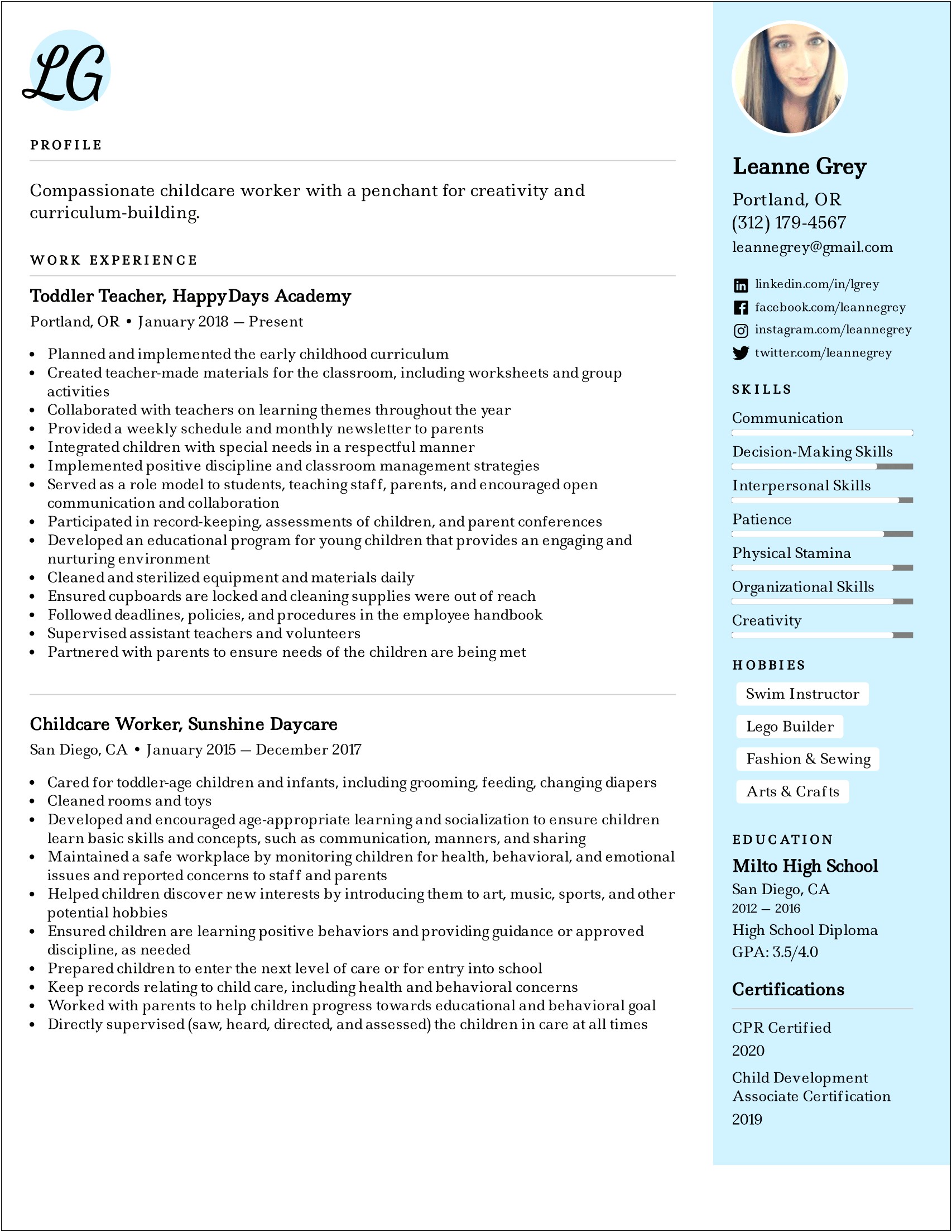 Sample Resume Of Child Care Educator