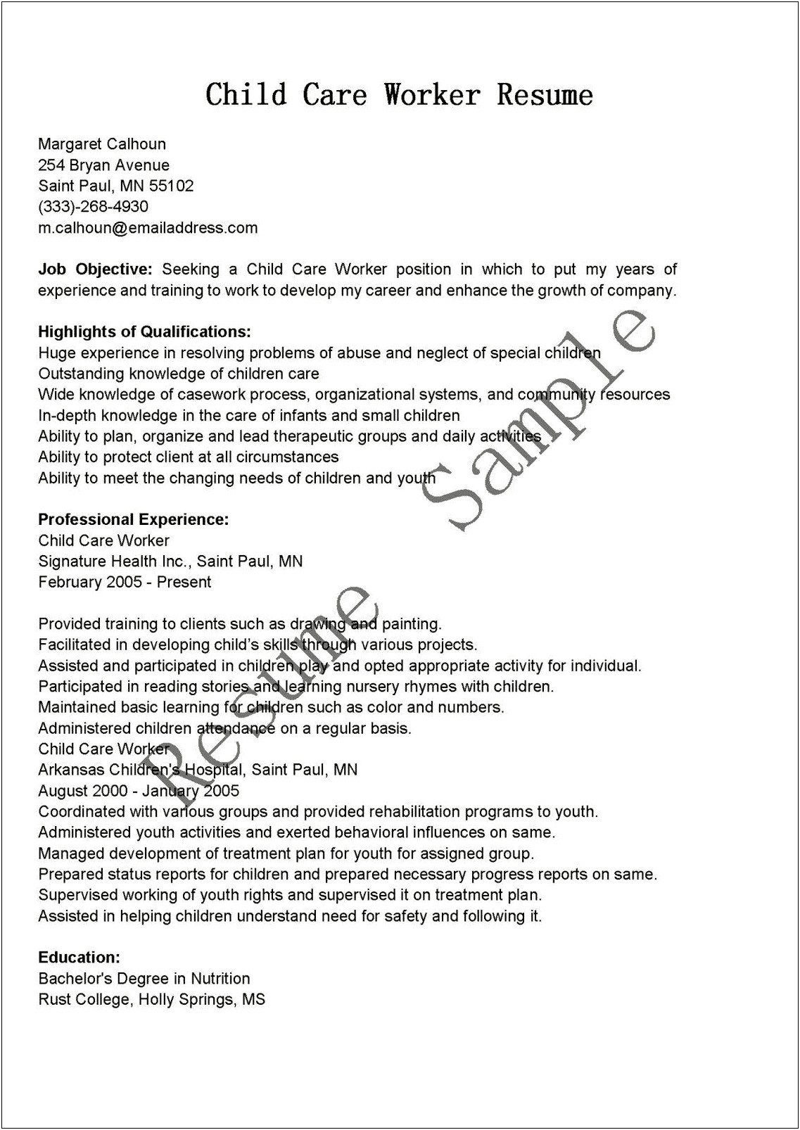 Sample Resume Of Child Care Provider