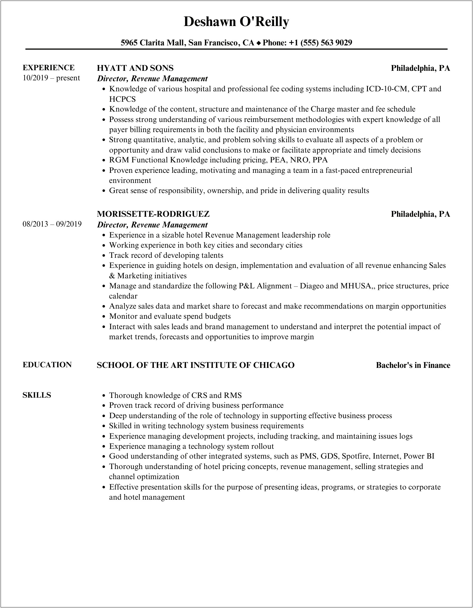 Sample Resume Of Corporate Director Of Revenue Management