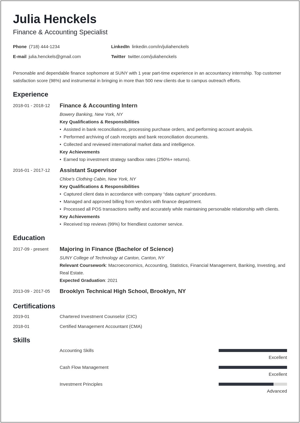 Sample Resume Of Current College Student