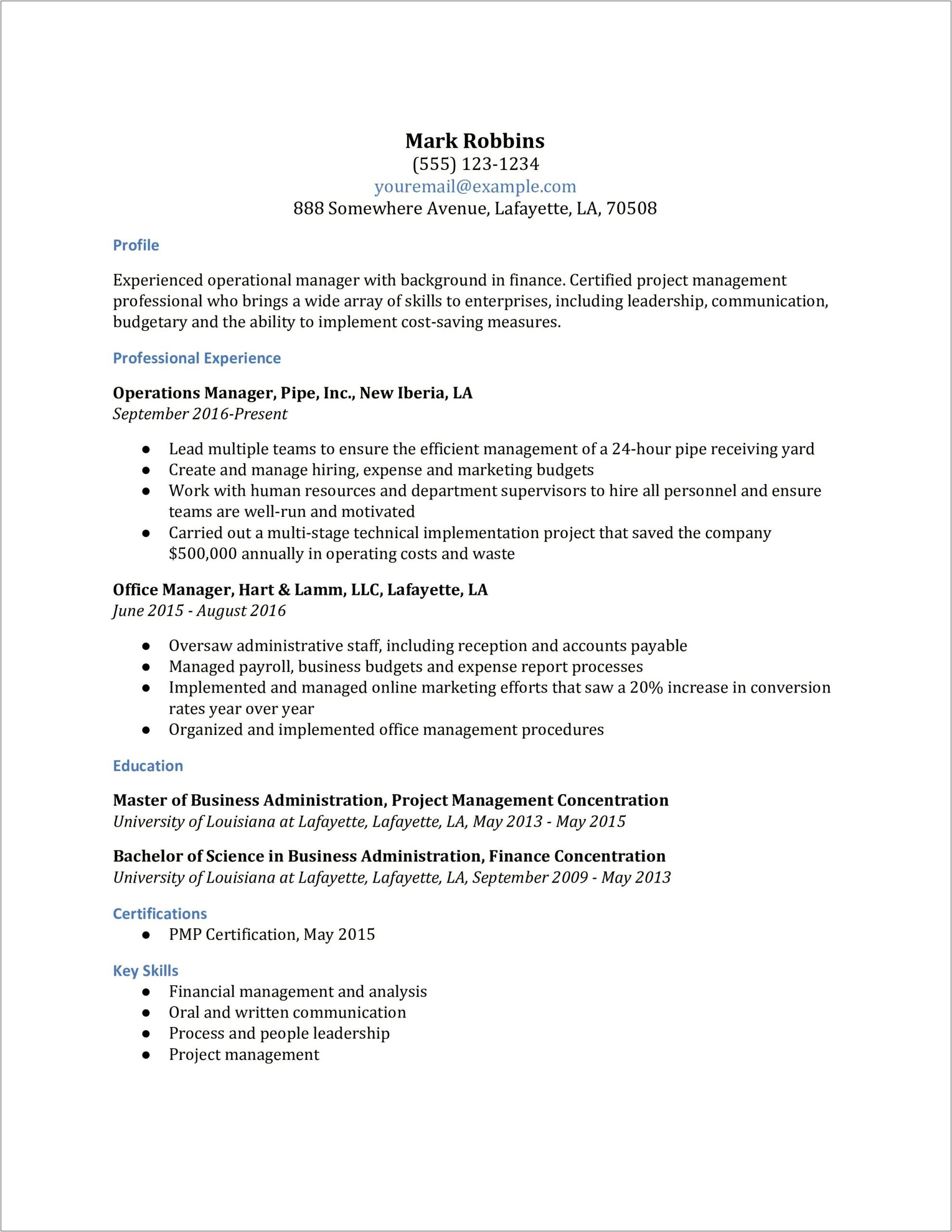 Sample Resume Of Experience Finance Operations Manager
