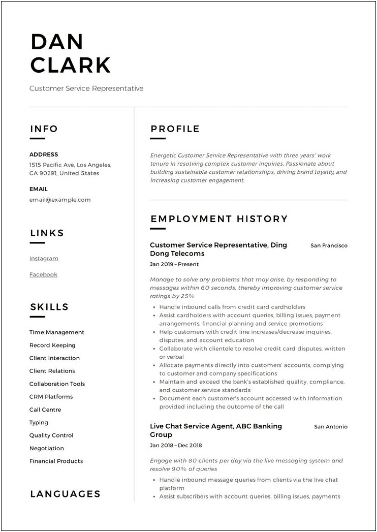 Sample Resume Of Guest Service Agent