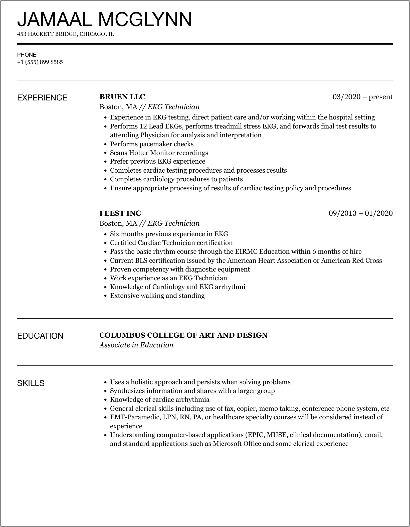Sample Resume Of Health Technician Phlebotomy And Ekg