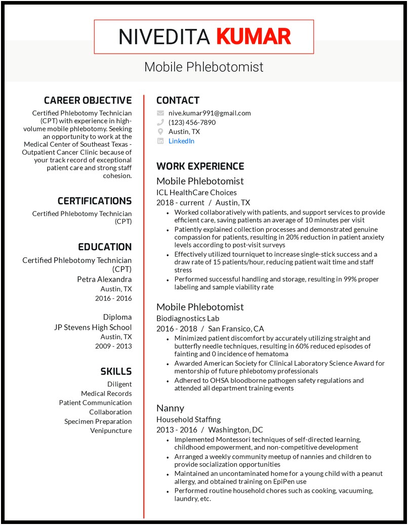 Sample Resume Of Health Technician Phlebotomy