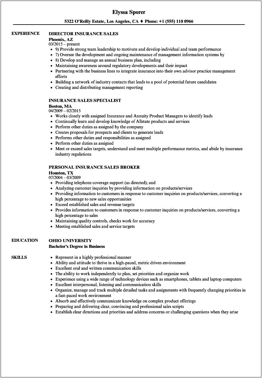 Sample Resume Of Insurance Sales Manager