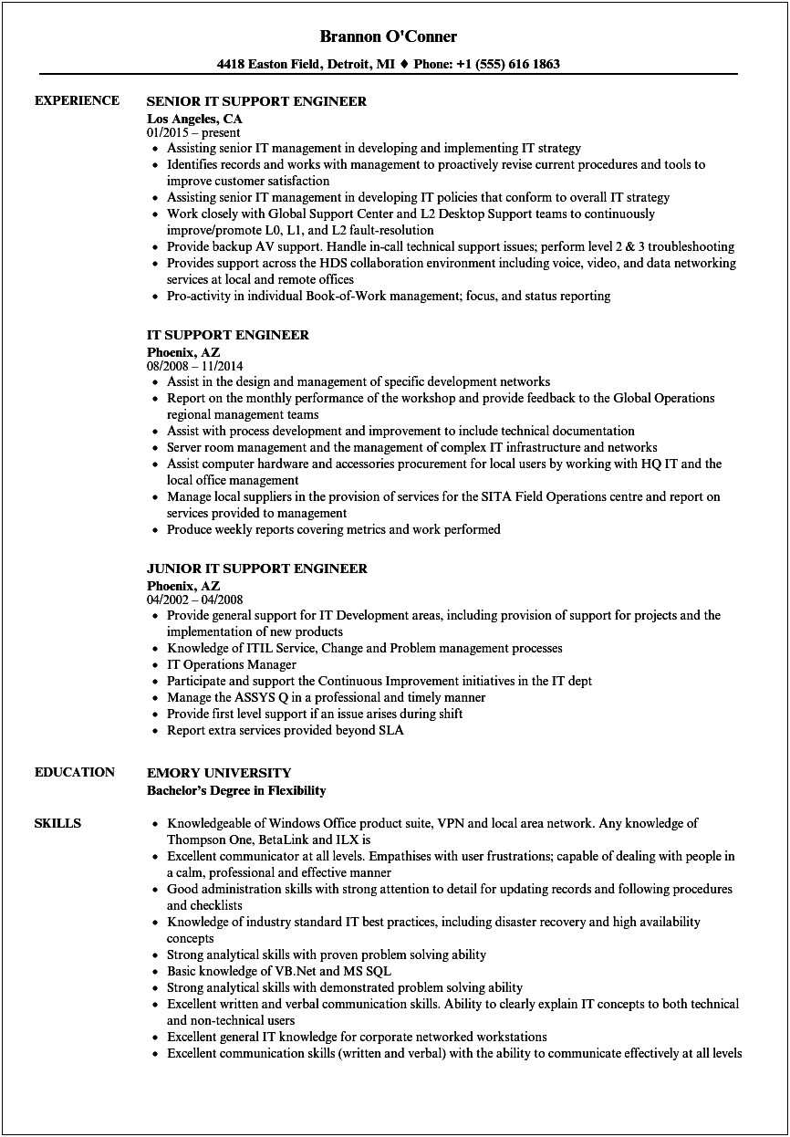 Sample Resume Of It Technical Support