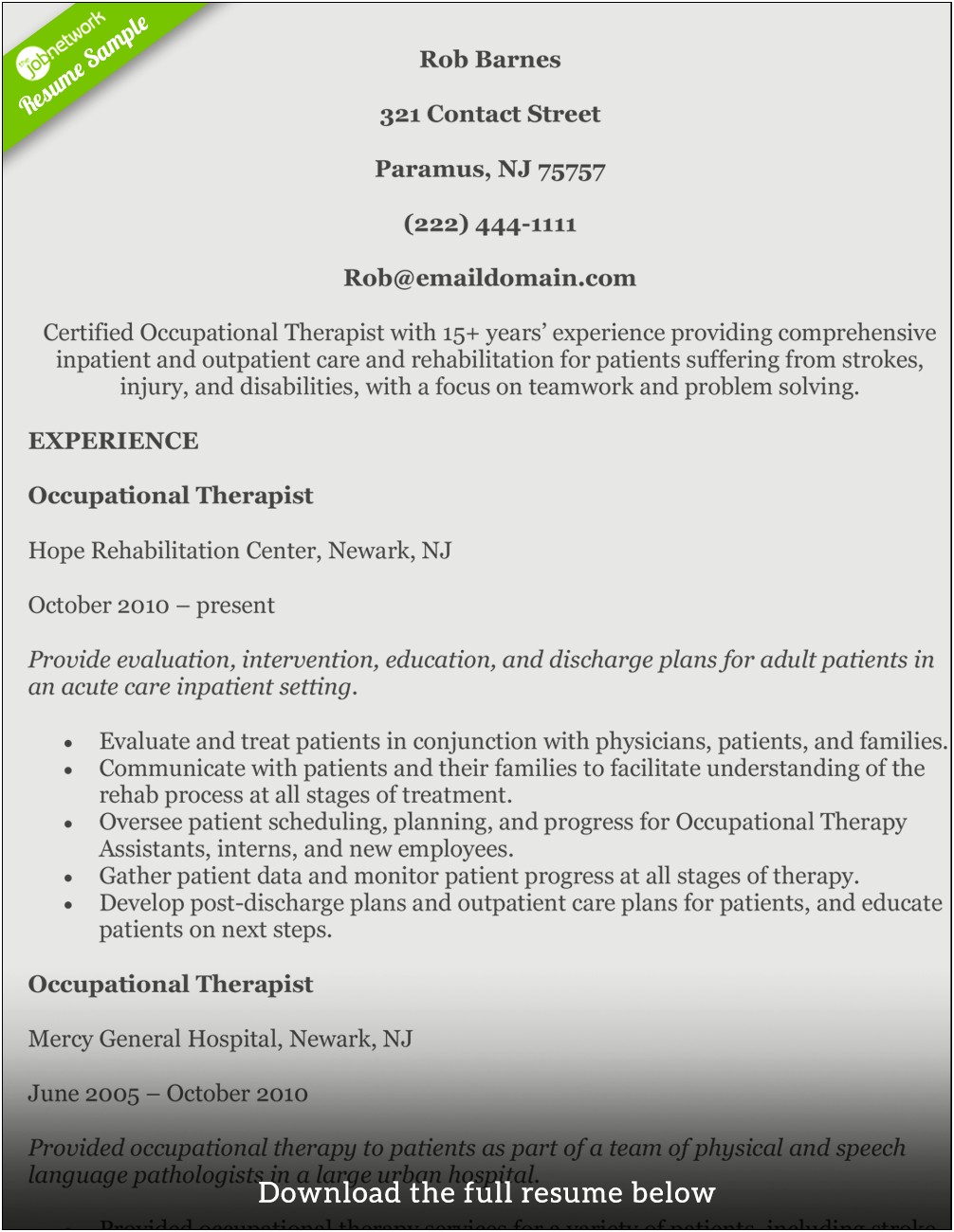 Sample Resume Of Occupational Therapy Assistant