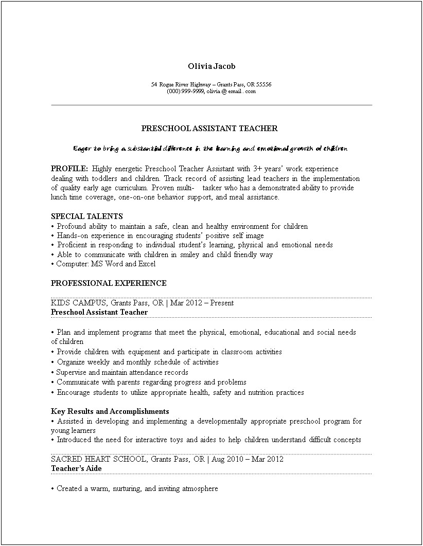 Sample Resume Of Preschool Teacher Assistant