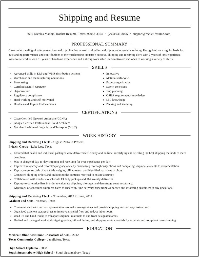 Sample Resume Of Shipping And Receiving Clerk