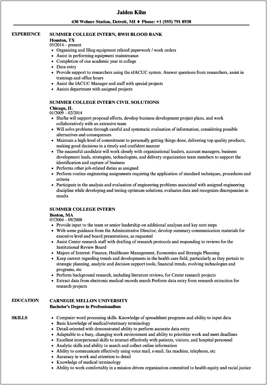 Sample Resume Of Students For Internship