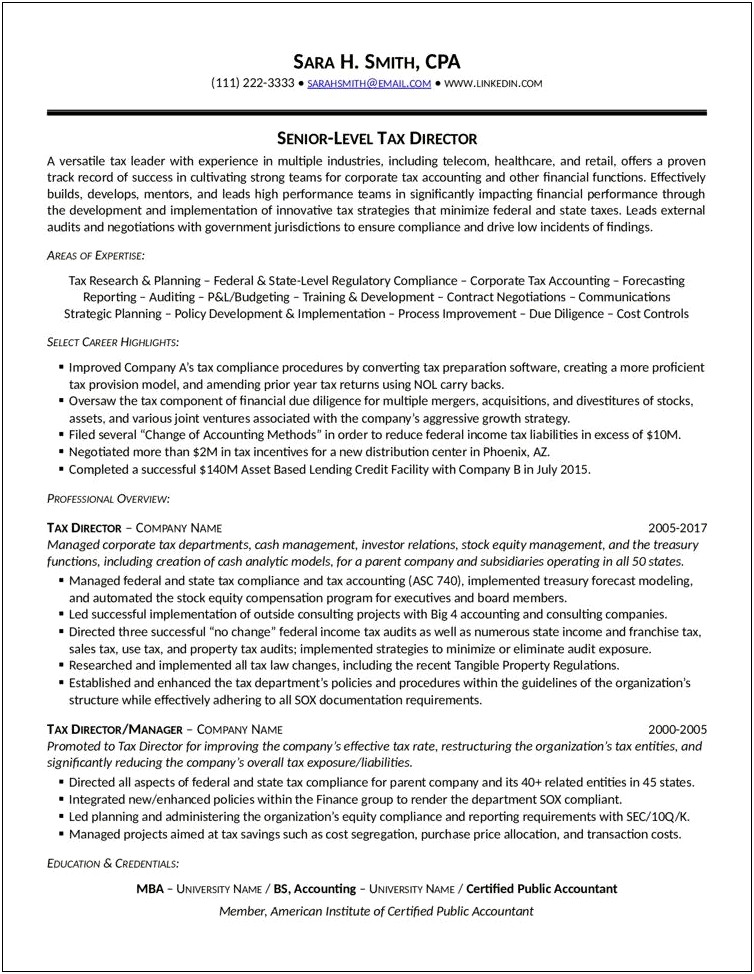 Sample Resume Of Tax Manager Cpa Firm