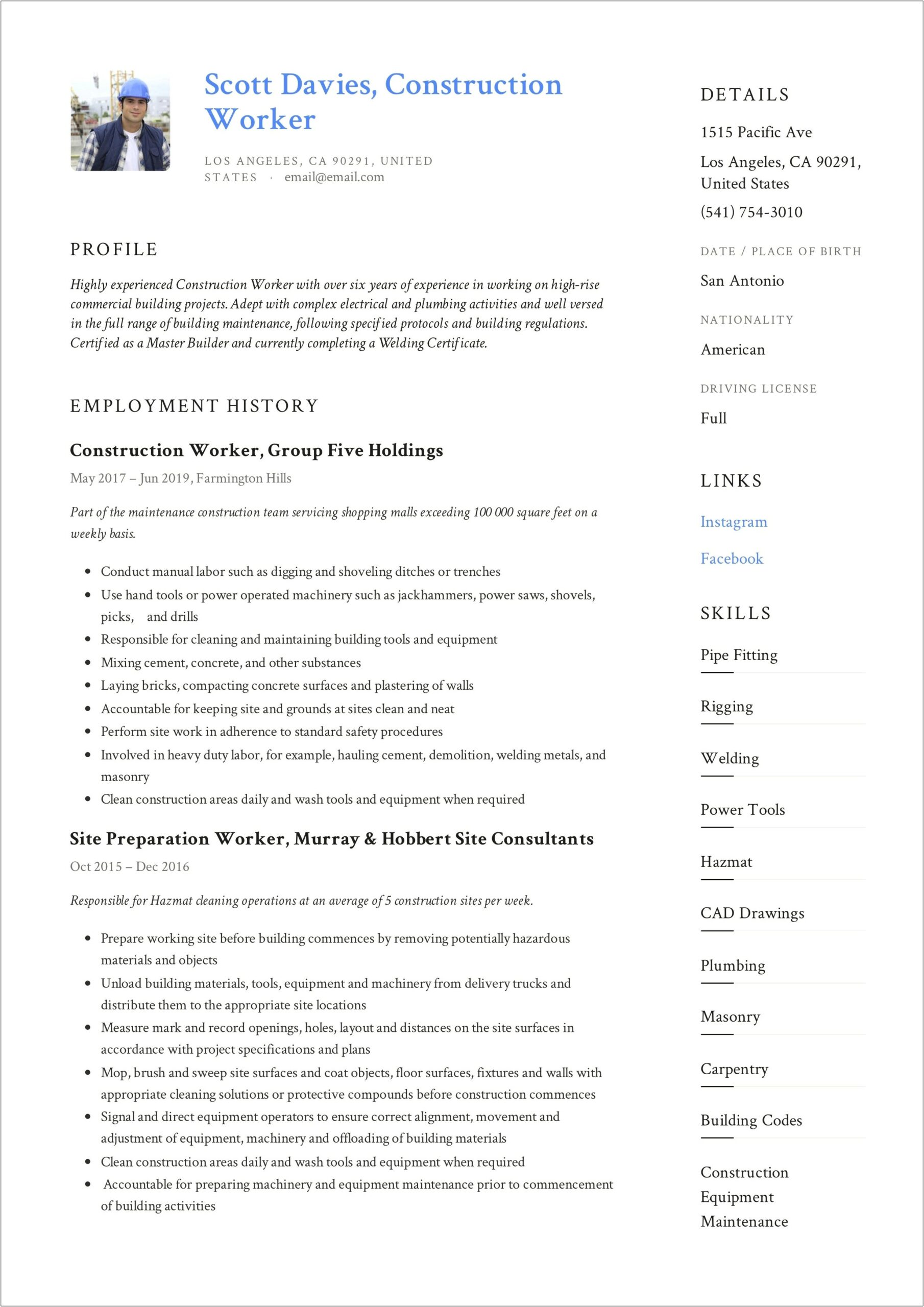 Sample Resume Of Union Construction Worker