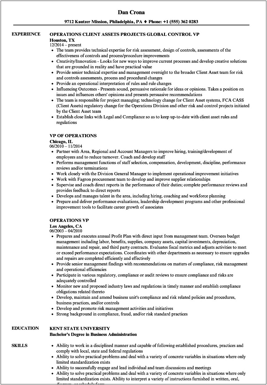Sample Resume Of Vice President Clinical Operation