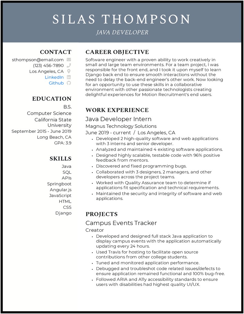 Sample Resume On Java Wiith One Year Experience