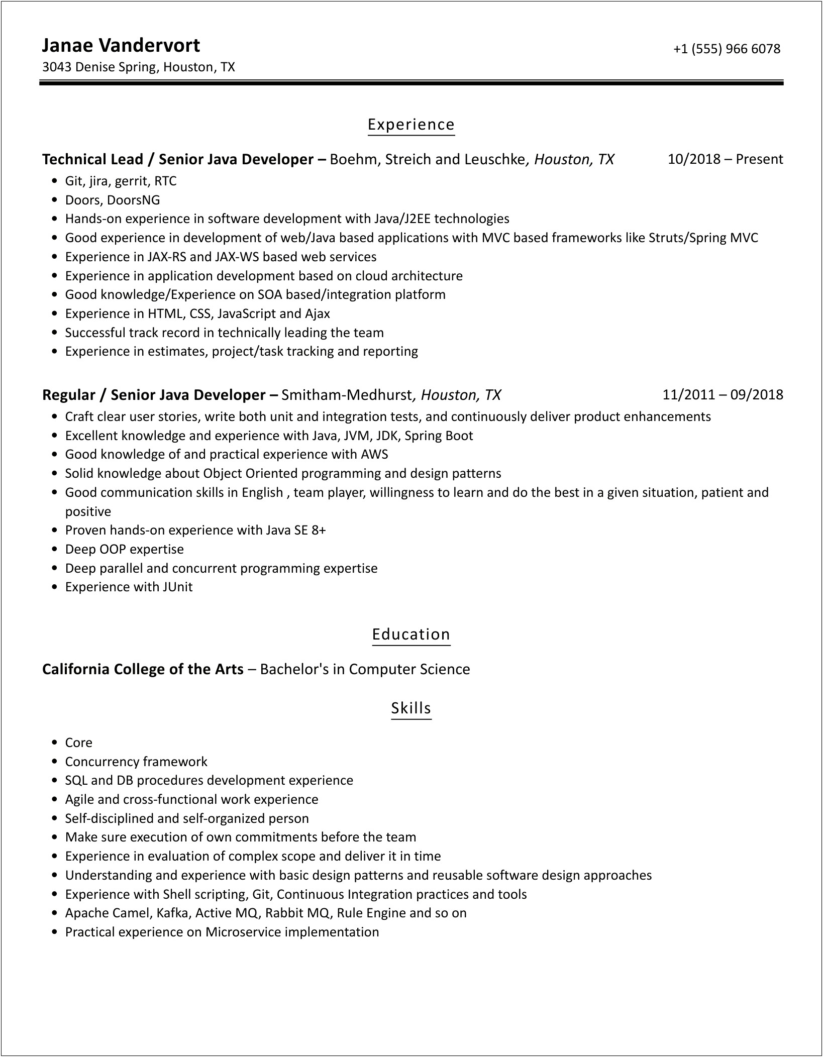 Sample Resume On Java With Experience