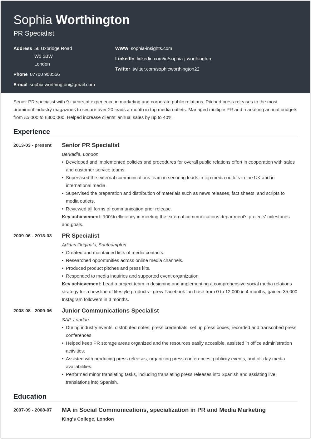 Sample Resume Personal Contribution Statement Example
